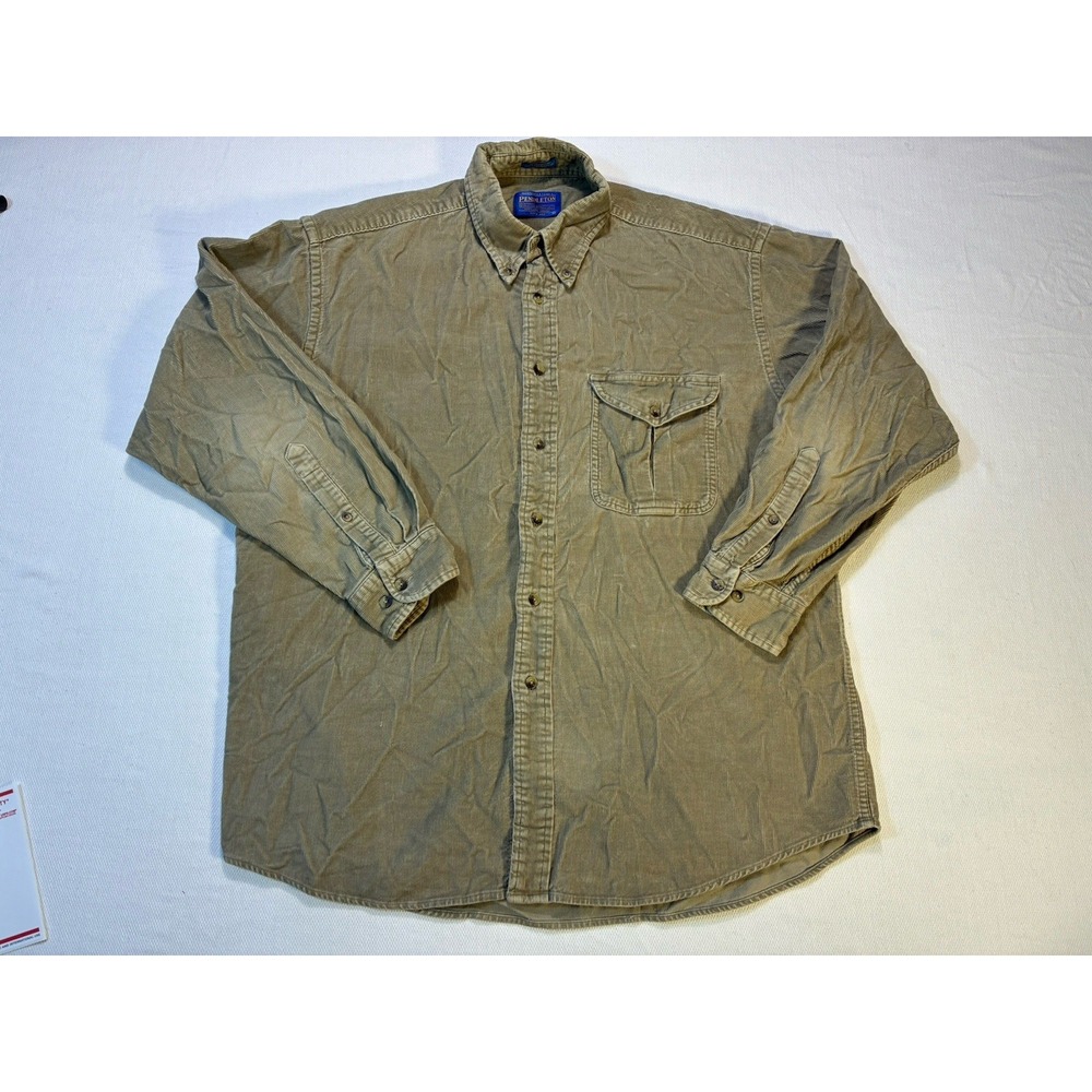 Pendleton Corduroy Shirt Mens L Large Tan Khaki Button Down 100% Cotton Solid